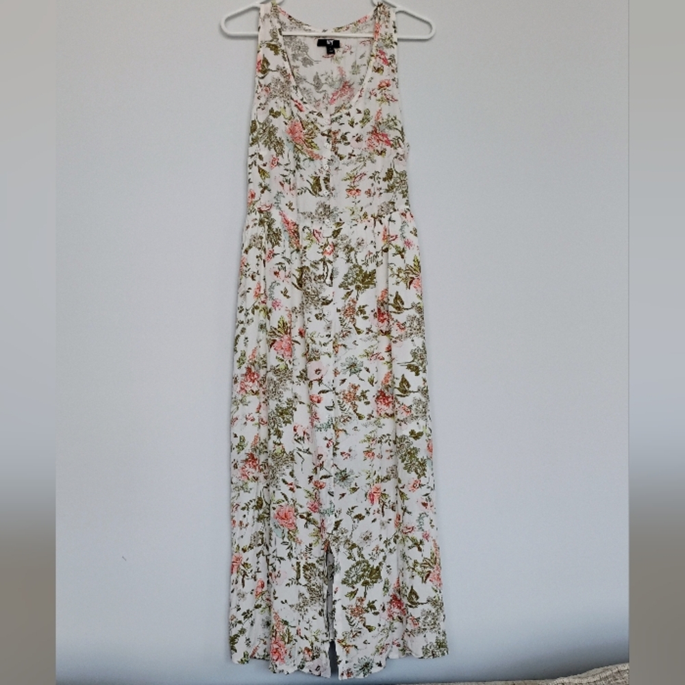 Frye Maxi Dress Button Front Whimsical Flowy Floral Sleeveless Casual Pockets L